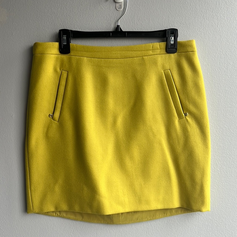 J. Crew Chartreuse/Citron 100% Wool Miniskirt with Front Slant Pockets, Size 10